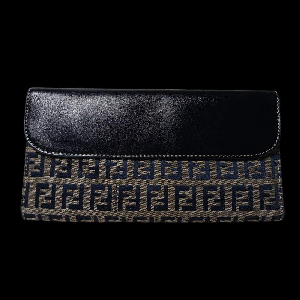 FENDI Zucchino canvas long wallet with button snap silver brass logo navy Blue - Picture 4 of 16